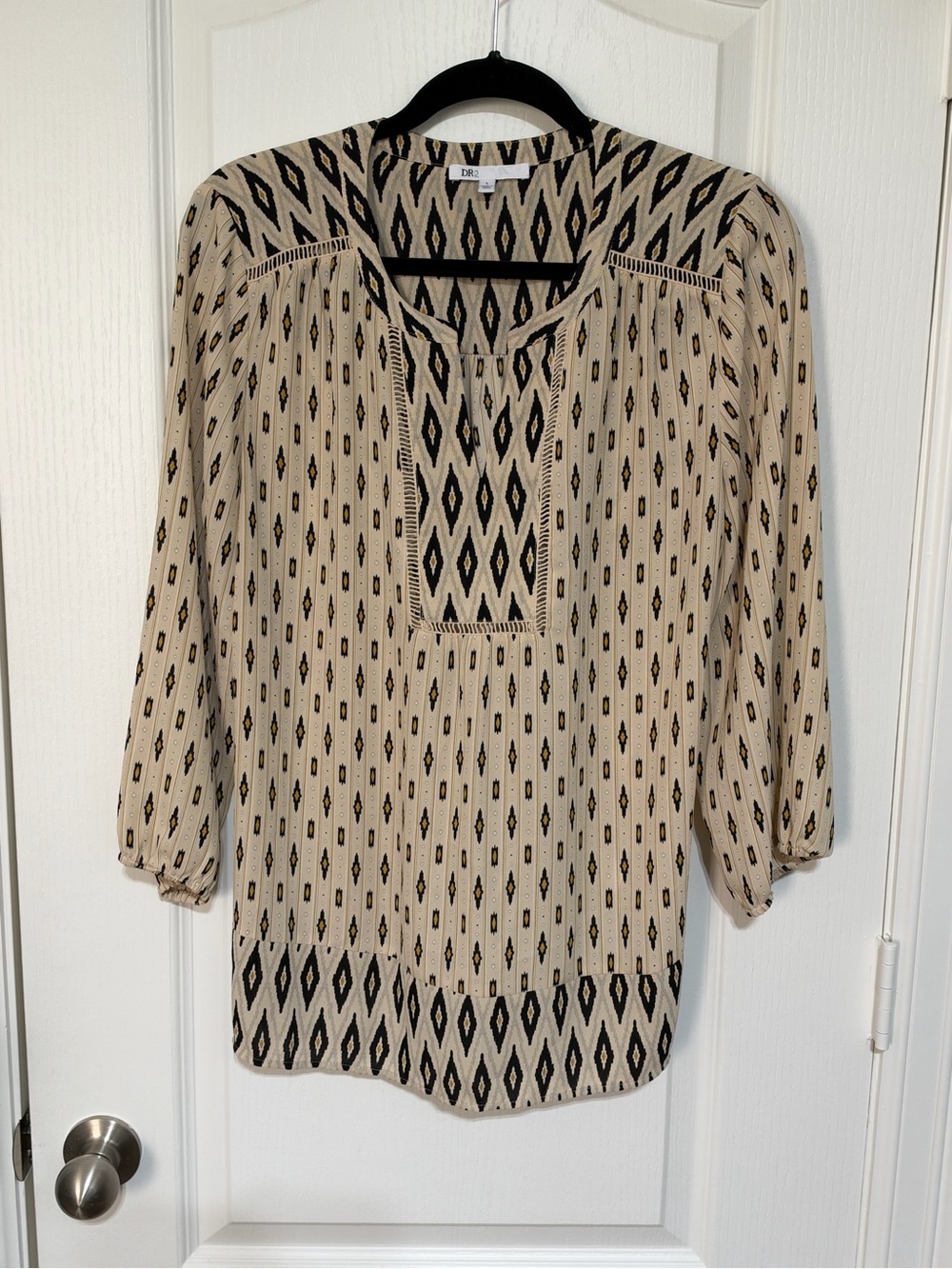 Beige Patterned Peasant Blouse with Black Accents - DR2